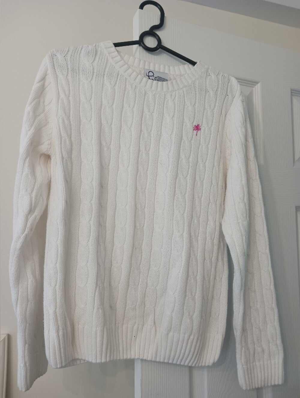 Lilly Pulitzer Cream Cable Knit Crewneck Sweater with Pink Palm Embroidery